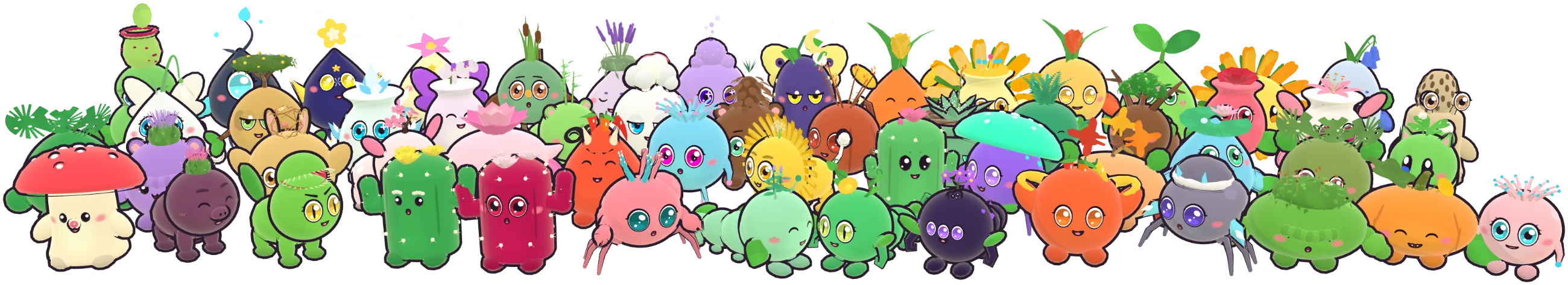 All 56 Bloomling species standing together in four rows, from cacti and sunflowers to mushrooms, lotuses and a comet.
