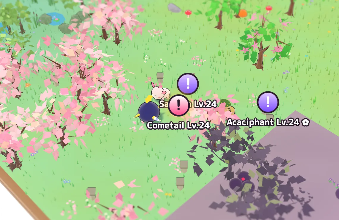 Out in the wilds: a Blossom Vale tile under cherry trees, with wild Bloomlings at level 24 and Blight-covered land beyond.